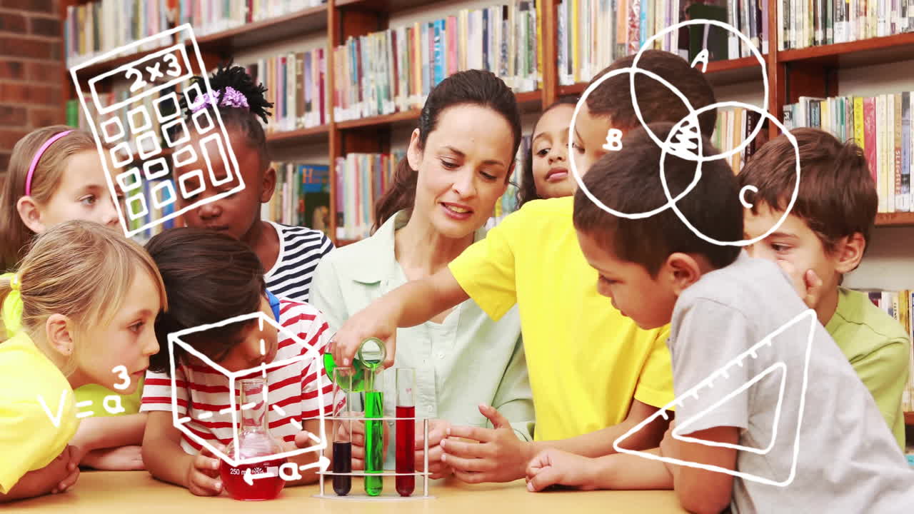 과학 실험을 수행하는 교사와 학교에서 수학과 과학 애니메이션을 가진 어린이