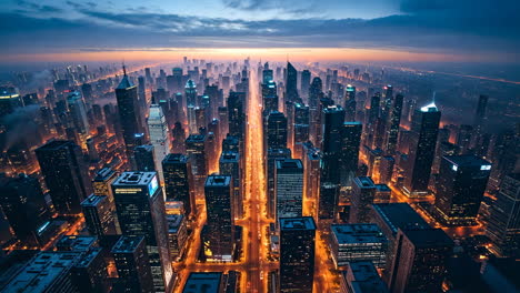 panoramic aerial view of a modern city skyline at dusk