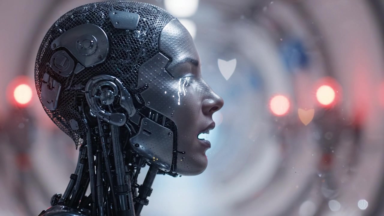 Un robot umanoide futuristico con intricati dettagli metallici ed espressione emotiva si erge in un ambiente ad alta tecnologia, riflettendo una fusione di tecnologia e umanità.