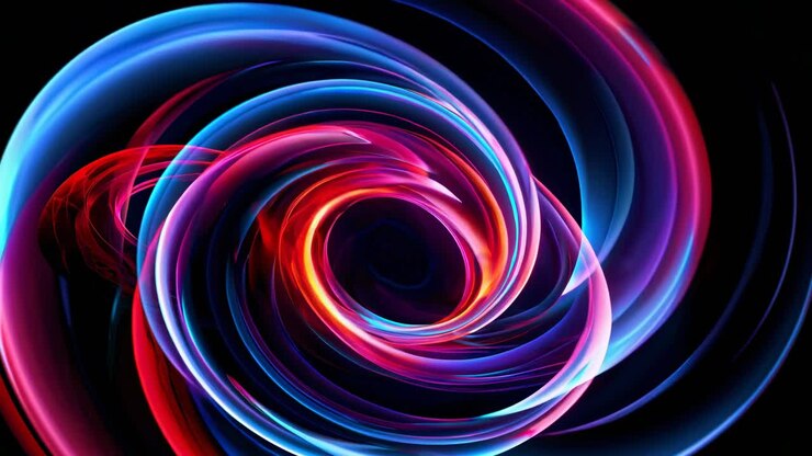 Un vortice vibrante e turbinante di colori neon in un primo piano, con un angolo dall'alto, che crea una dinamica