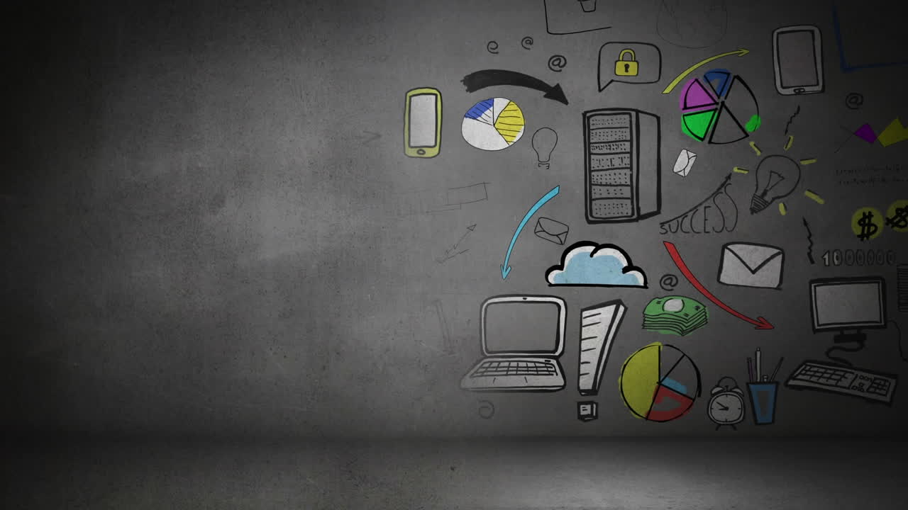 Animation of digital icons with copy space on grey background