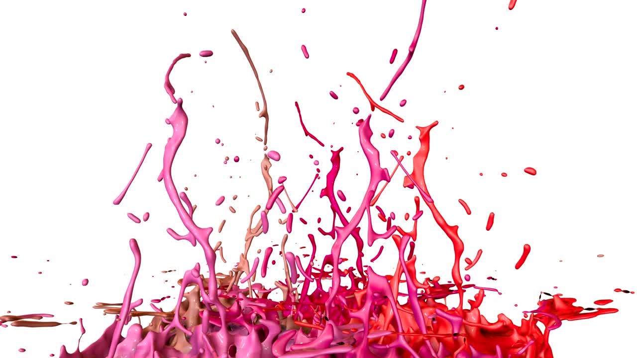 3d splashes of liquid. Paint bounce in 4k on white background. Simulation of splashes of ink on a musical speaker that play music. version shades of red 7