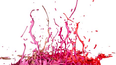 3d splashes of liquid. paint bounce in 4k on white background. simulation of splashes of ink on a musical speaker that play music. version shades of red 7