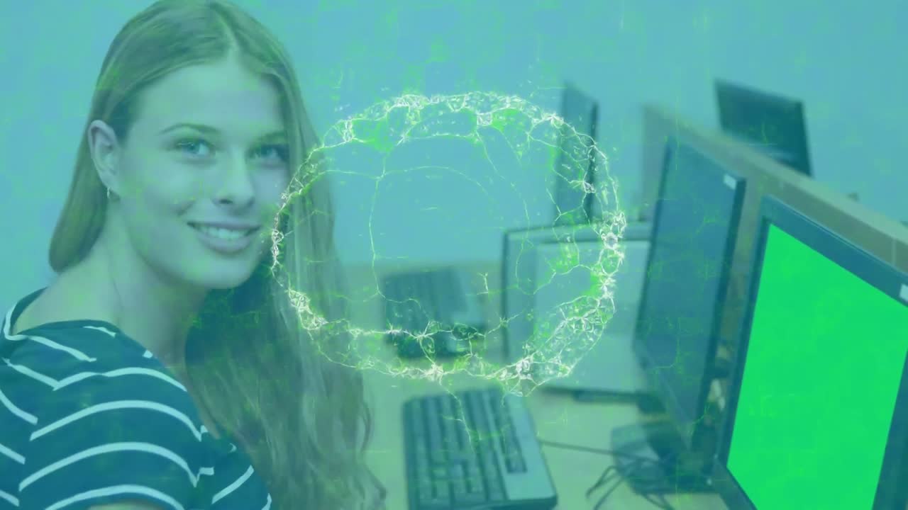 animación del cerebro humano y la cadena de adn sobre una estudiante usando una computadora