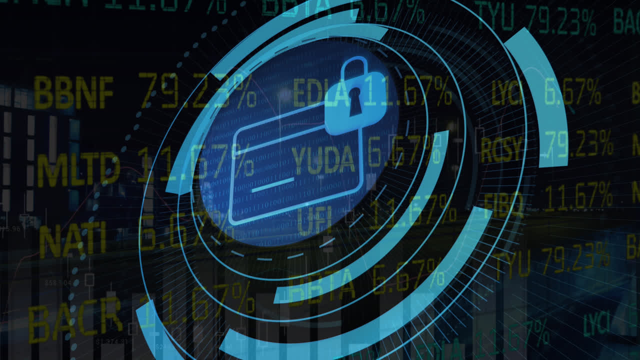 animación digital del escáner redondo de neón y procesamiento de datos contra el cielo nocturno caucásico