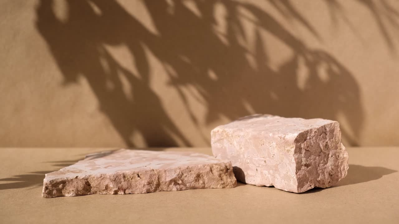 제품 홍보 및 화장품 디스플레이를 위해 건조한 풀을 가진 포디움. 자연 베이지 아름다움 기단. 제품 프레젠테이션을위한 배경. 잎의 그림자를 가진 크림 돌 포디움, 아름다움 프로모션 모.