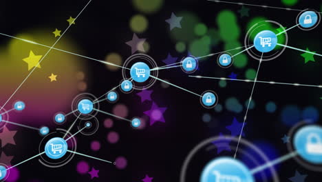 animation of network of connections with icons over light spots and stars on black background