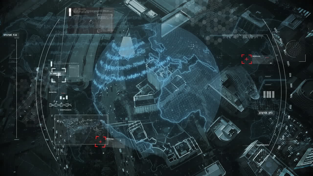 Ariel view of target over city with global technology connection and alpha channel