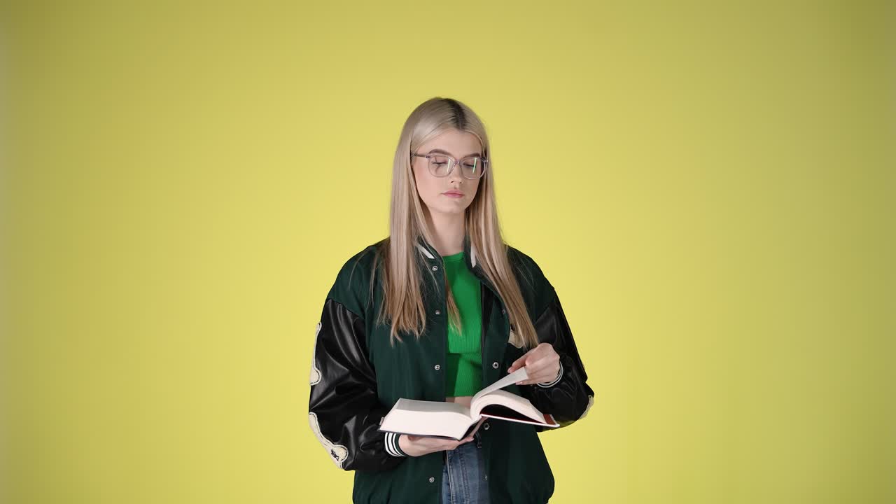Studente biondo che legge un libro, poi espressione del viso sorpresa e stupita, scatto in studio colorato.