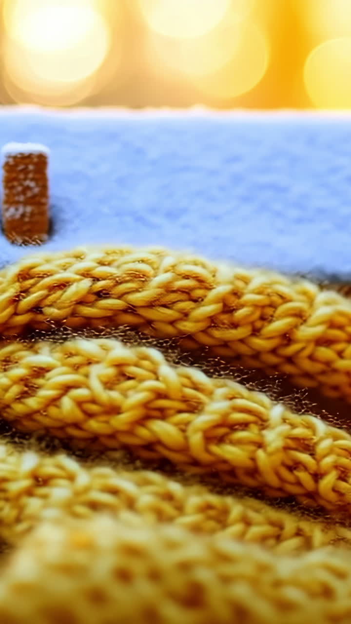 Mini house in yellow scarf. A small house sits warmly wrapped in a thick yellow scarf, glowing in the soft sunlight of a winter afternoon.