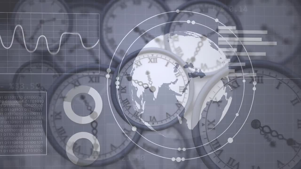 Animation af statistik og databehandling og globus over ure.