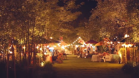 festive outdoor night event with blurred string lights