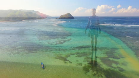 animación de un paisaje con el océano sobre una mujer caucásica caminando por la playa