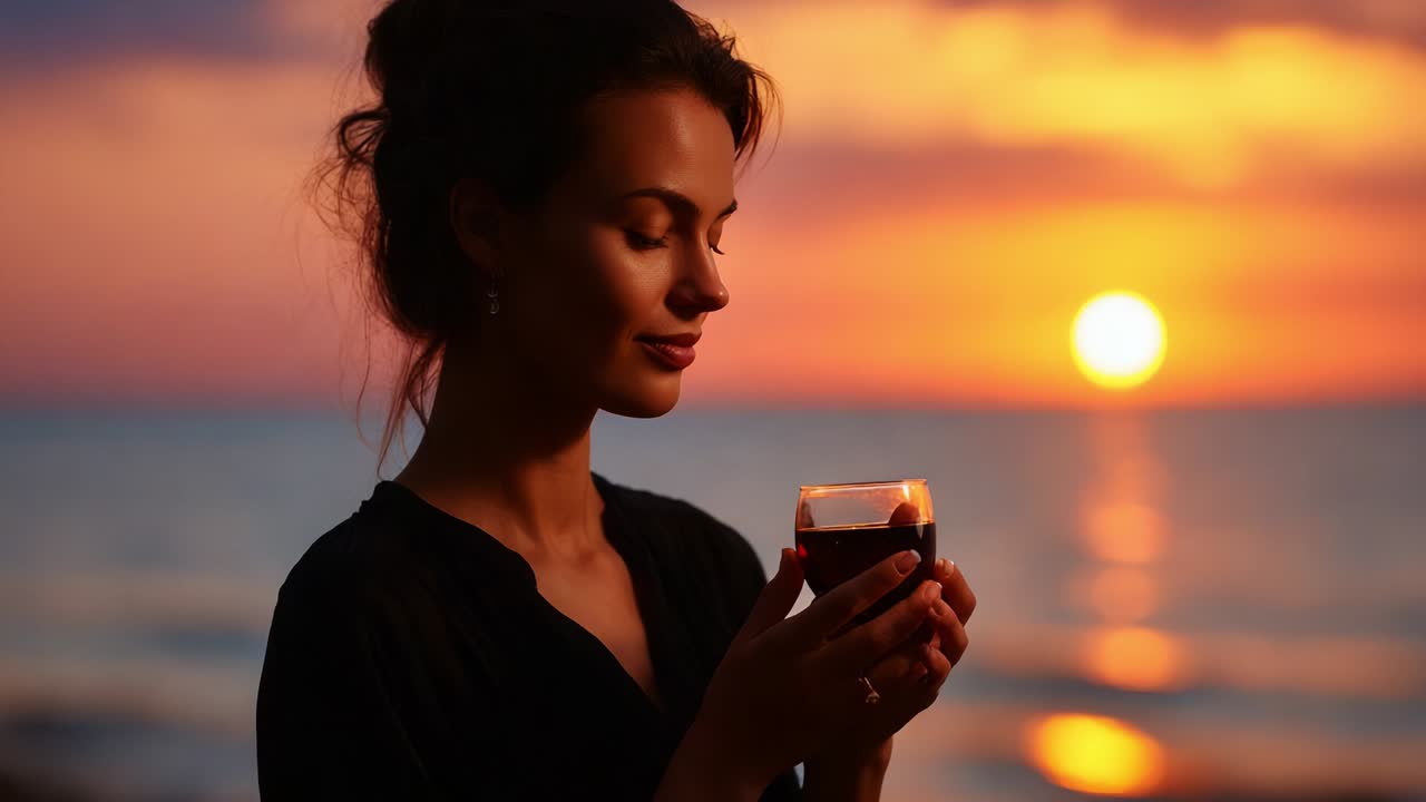 Un momento di serenità in riva al mare: una donna si gode un bicchiere di vino al tramonto, immortalando la bellezza della natura mentre il sole scompare dietro l'orizzonte, creando un'atmosfera calda e tranquilla