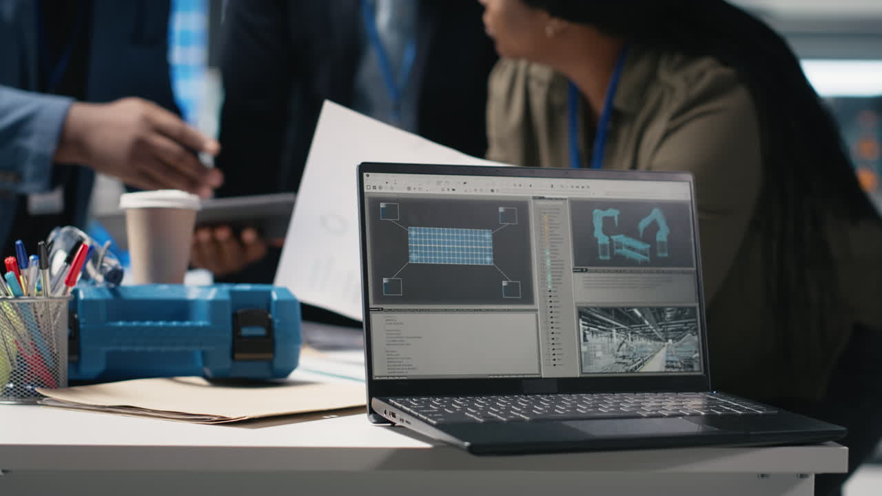 Team Discussing Engineering Software on Laptop