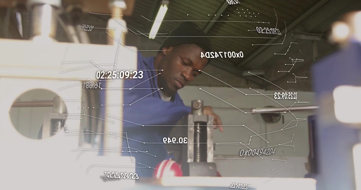 Overlayed readouts appearing, tech leaning and rotating knob, adjusting press fixture for aligning