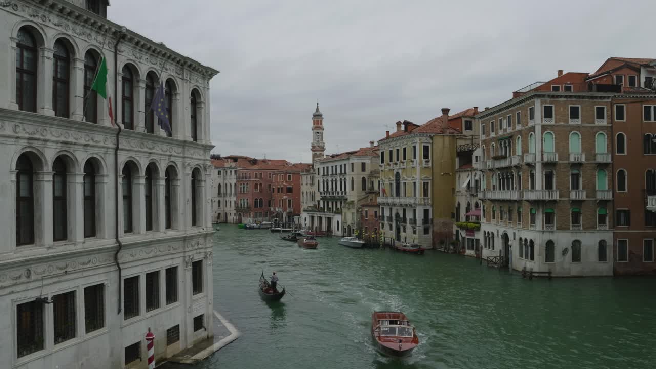 Typical Venice scenery over Canal with Gondola and speed boat