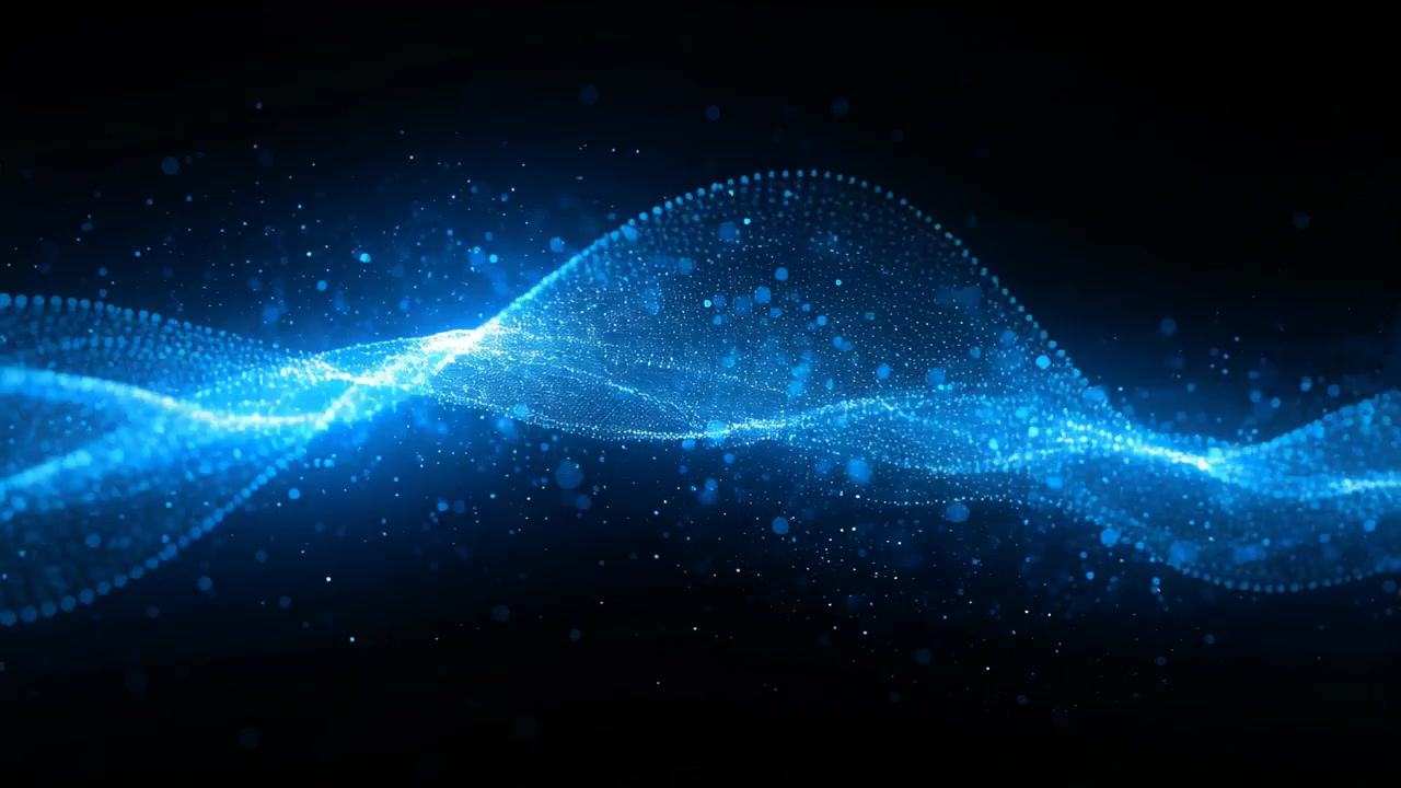 Appearing left glowing blue ribbon moving waving on black forming interference, faint strands, halo