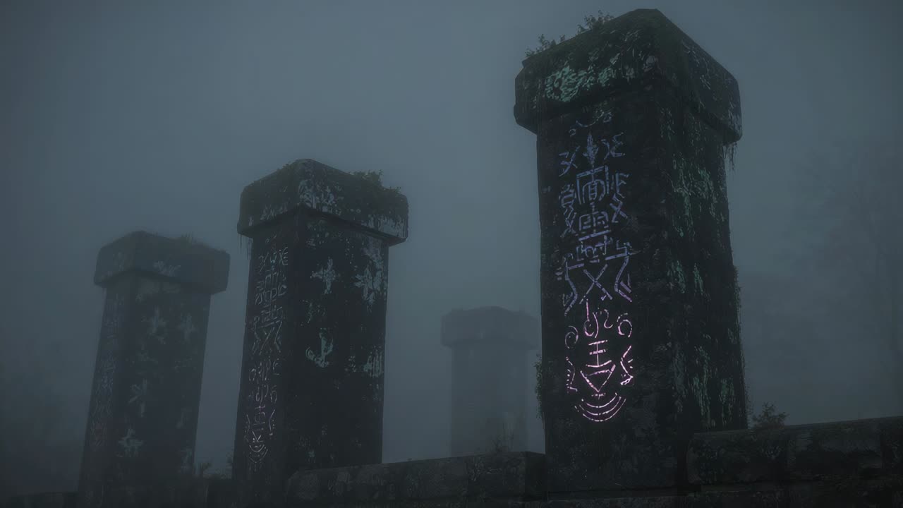 Faint violet marks growing on right pillar, revealing glyphs across two pillars at foggy ruin