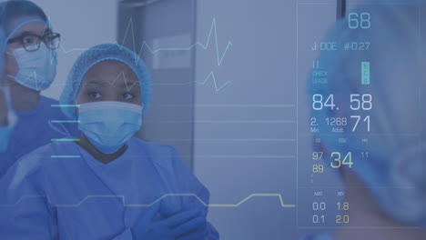 animation of data processing over diverse doctors wearing face masks