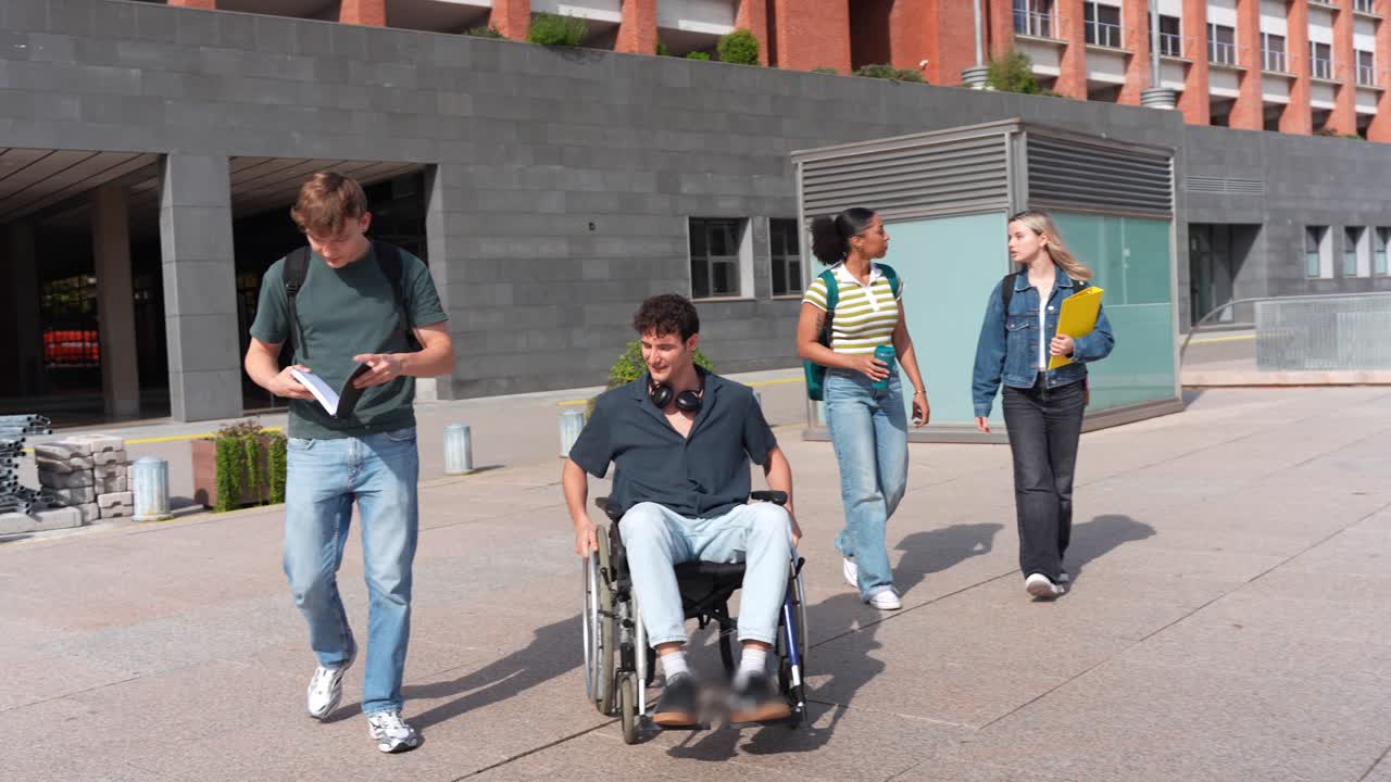 Diverse Group of University Students Walking and Talking on Campus