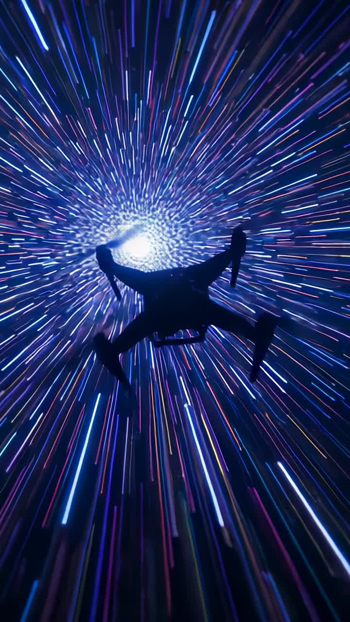 Vertical video: Brightening vortex causing drone silhouette drifting in studio with color streaks