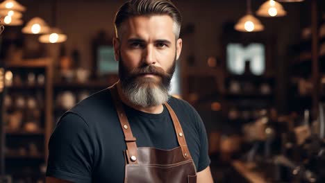 a man with a beard wearing an apron standing in a barber shop