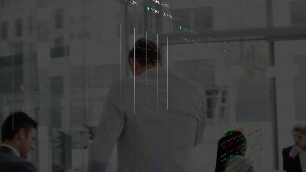 Animation of financial data processing over businessman talking on phone