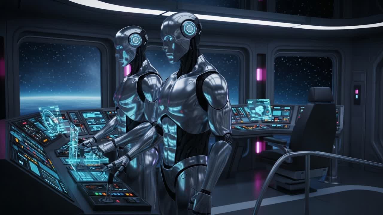 Futuristic robots navigate a high-tech spaceship control room, showcasing advanced technology and space exploration in a visually stunning environment
