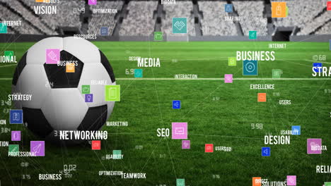 animación de la red de conexiones y texto sobre fútbol y gradas vacías en estadios deportivos