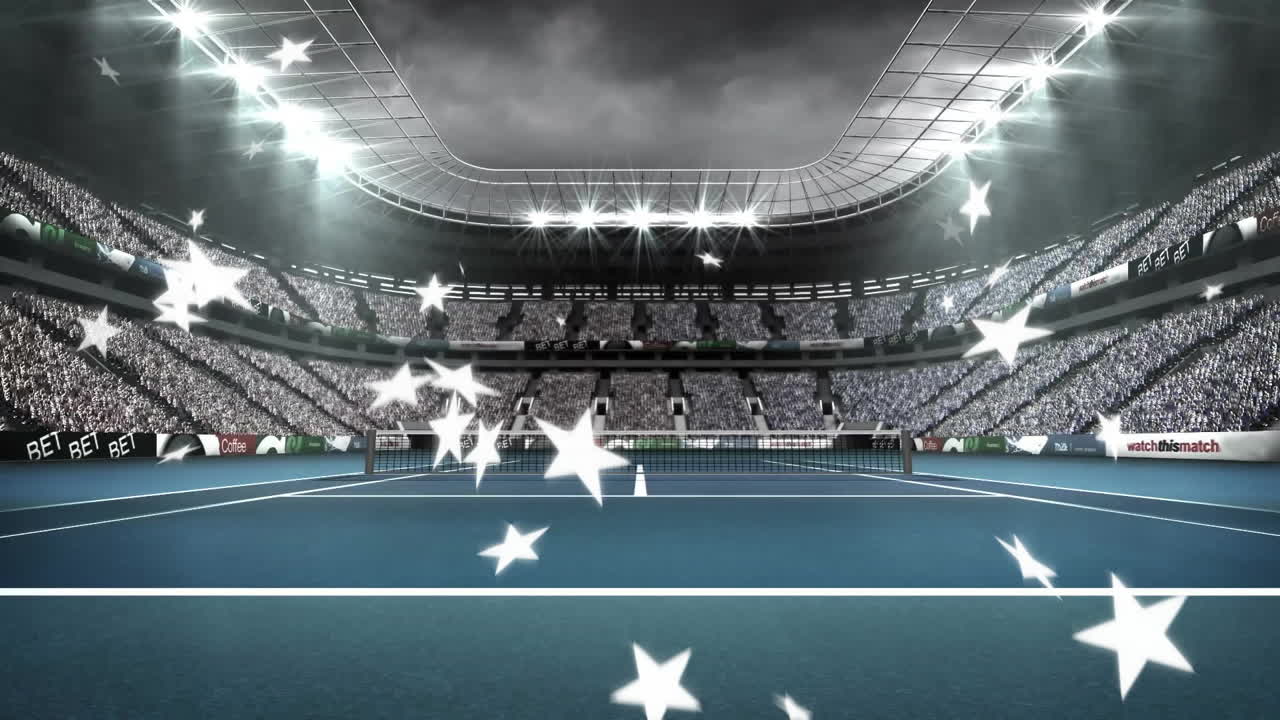 Tennis court in large stadium with star animation over audience-filled stands