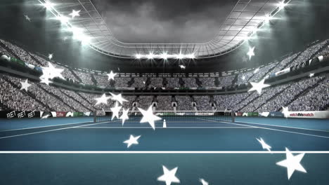tennis court in large stadium with star animation over audience-filled stands