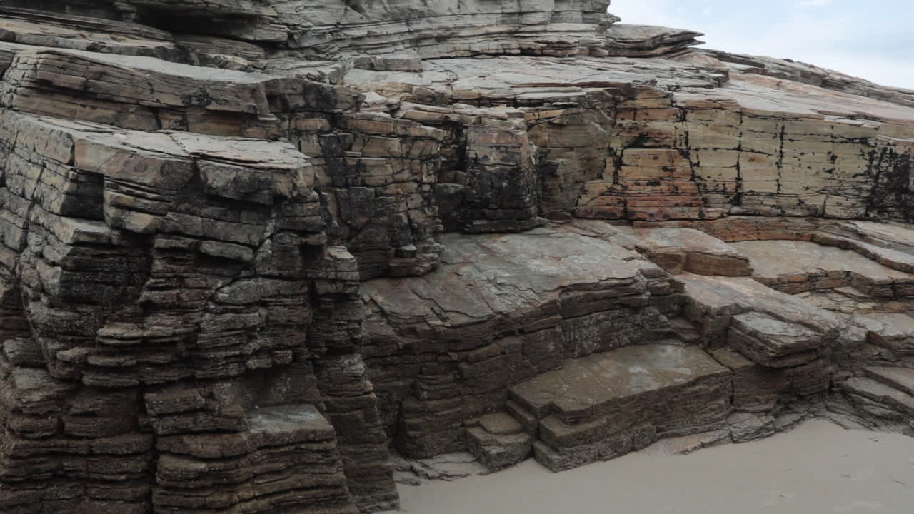 Rocky sandstone cliffs with layered textures along a quiet beach under cloudy skies