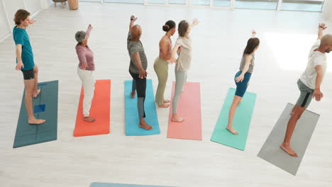 yoga, instructor or people stretching in class