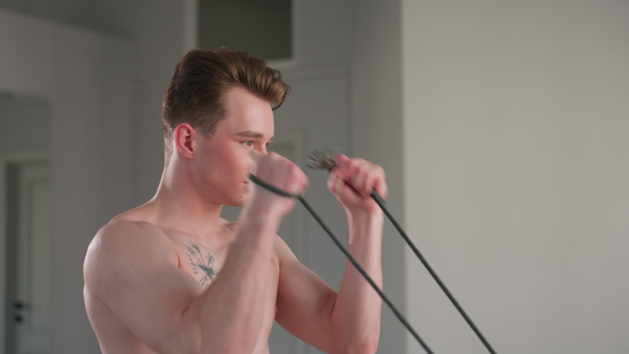 shirtless student with chest tattoo pulls elastic rope indoors during intense resistance training session, muscles flexed, focused posture