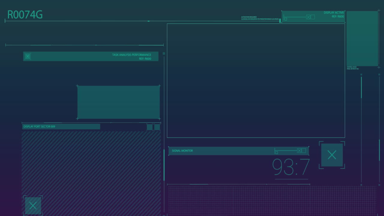 Animation of data processing over screens on dark background