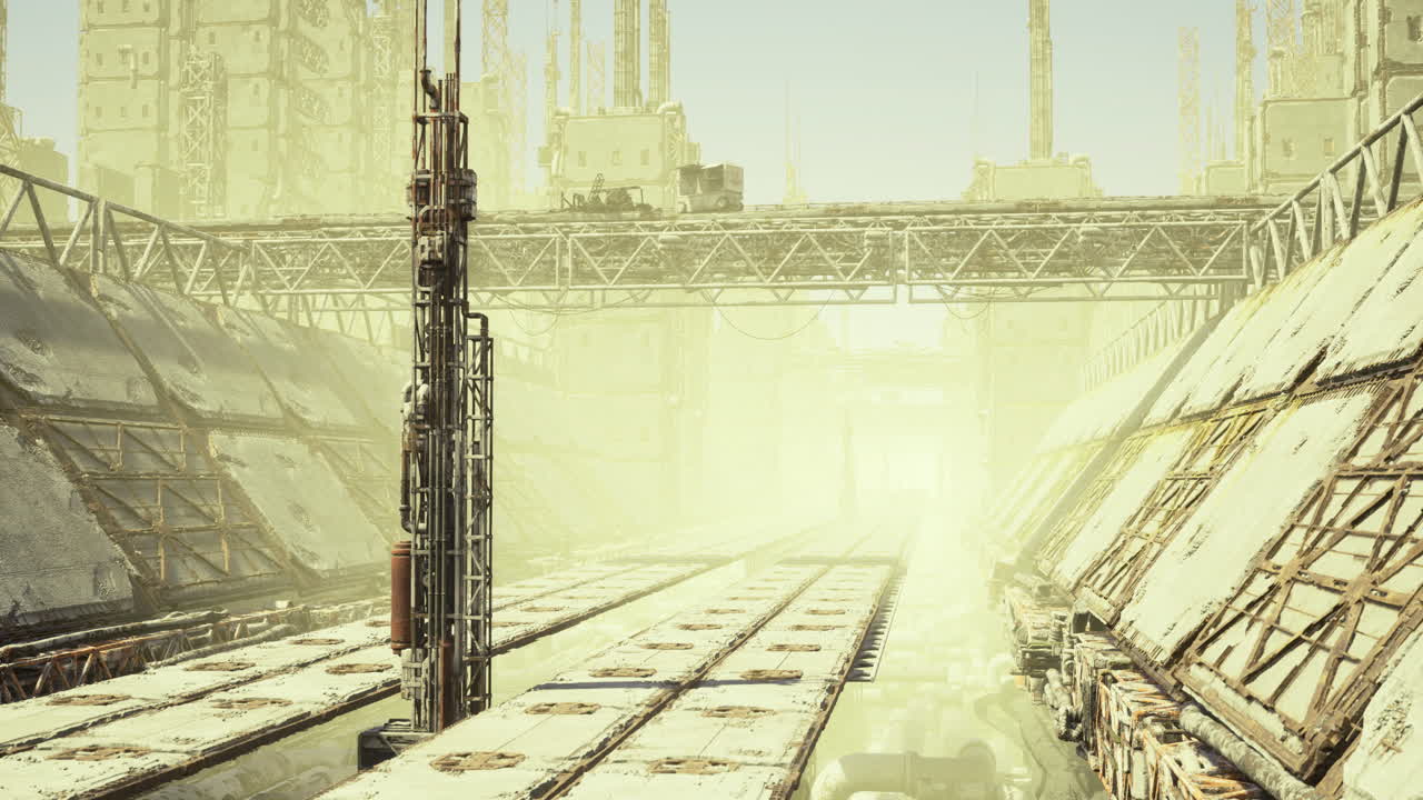 Abandoned industrial landscape with rusted structures and dusty environment