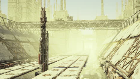 abandoned industrial landscape with rusted structures and dusty environment