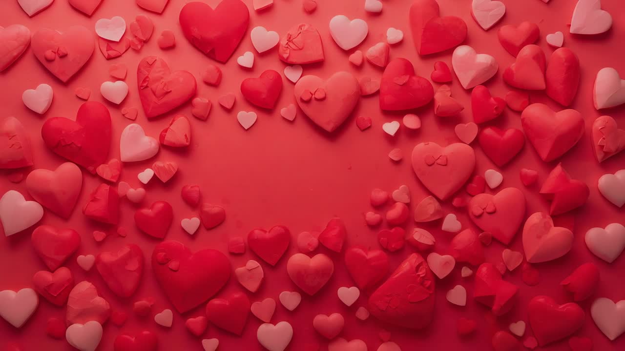 Cluster di cuori in movimento che si sposta verso l'interno su un tavolo rosso opaco, riempiendo il centro con pezzi rossi e rosa