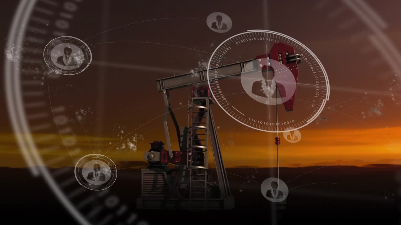 Sunset-triggered pump jack pumping while HUD fading and avatars orbiting to show network monitoring