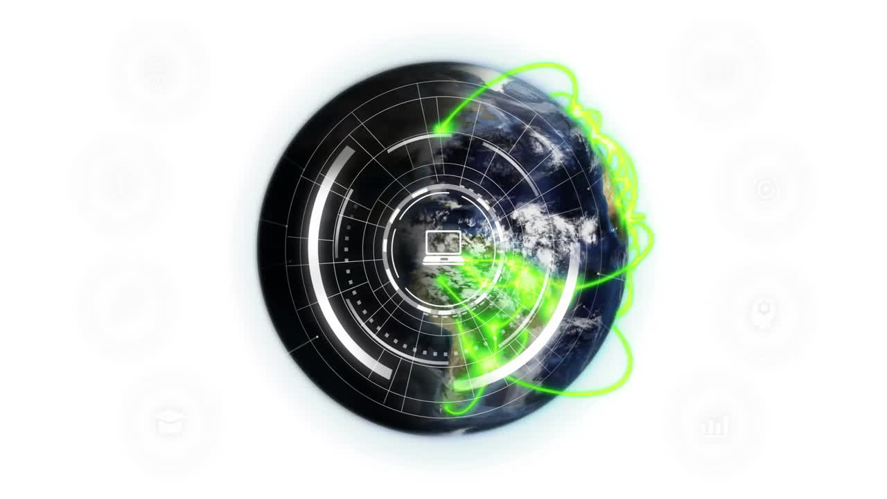 Animation of Earth with digital interface, green network connections, data in school