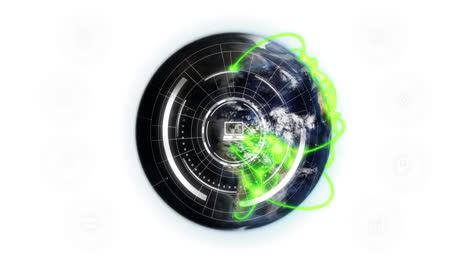 animation of earth with digital interface, green network connections, data in school