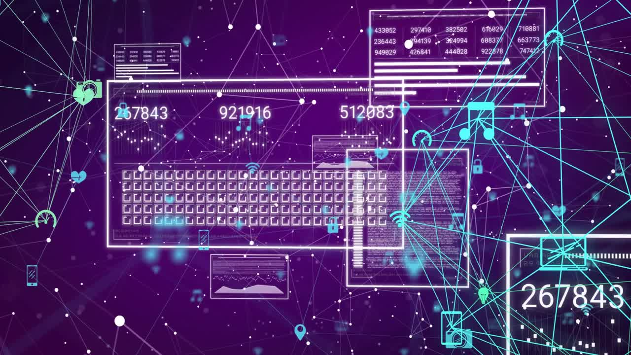 Central digital interface panel moving against purple gradient backdrop, showing neon network lines