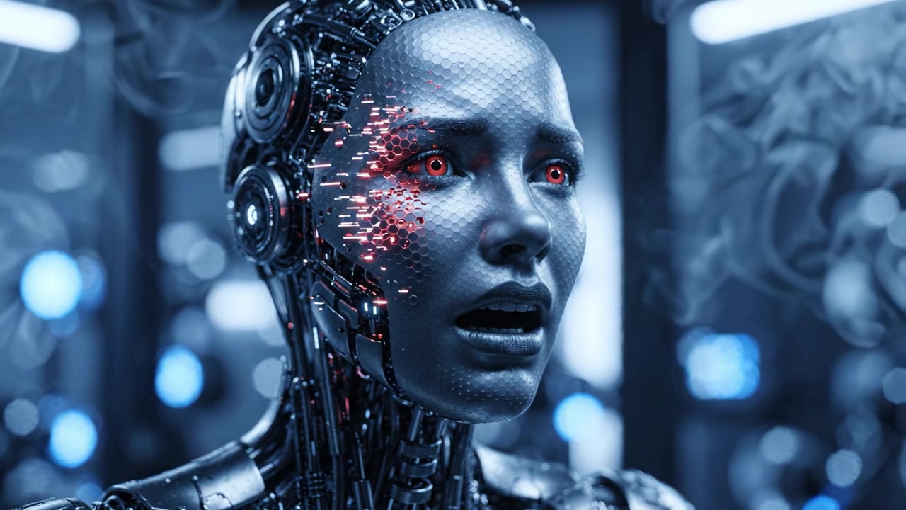 A Stunning Robotic Figure with Intricate Features and Piercing Red Eyes Expresses Curiosity and Emotion in a Futuristic Setting Full of Technology and Mystery