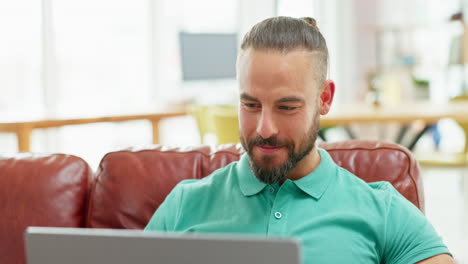 Man,-laptop-and-video-call-smile-on-sofa-blow-kiss