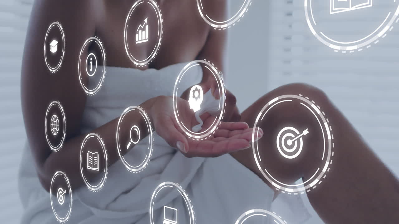 In towel, person interacting with floating digital icons in animation concept