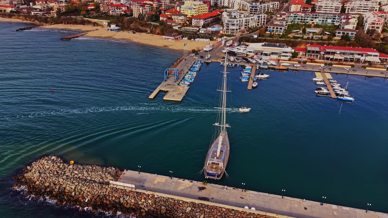 Beautiful aerial view of a marina in Bulgaria with sailing boats