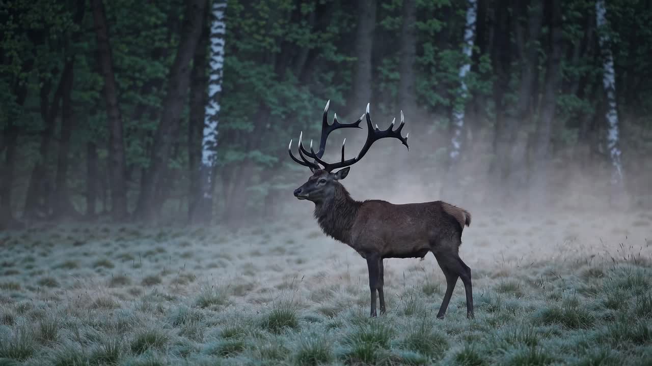 Majestic stag in misty forest, captured from a low angle, evokes a serene, cinematic video style