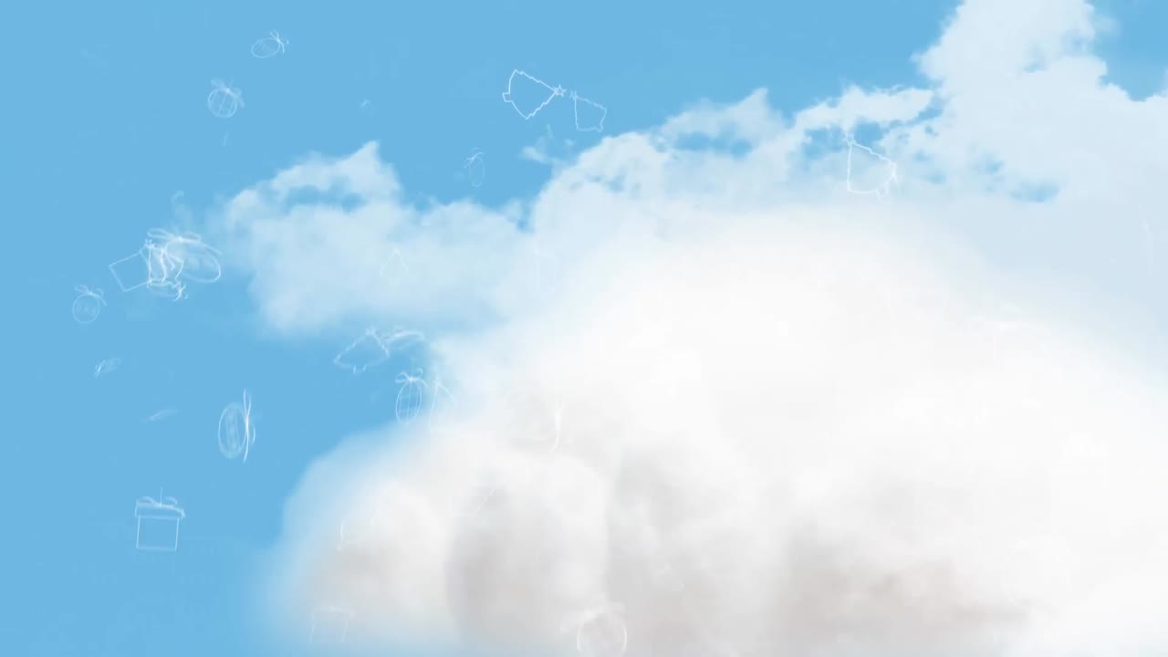 Animation of falling gifts over cloudy sky