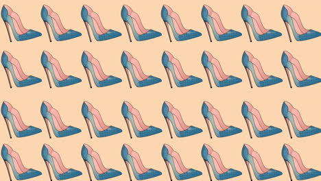 Animation-Von-Blauen-High-Heels,-Wiederholt-Auf-Orangefarbenem-Hintergrund